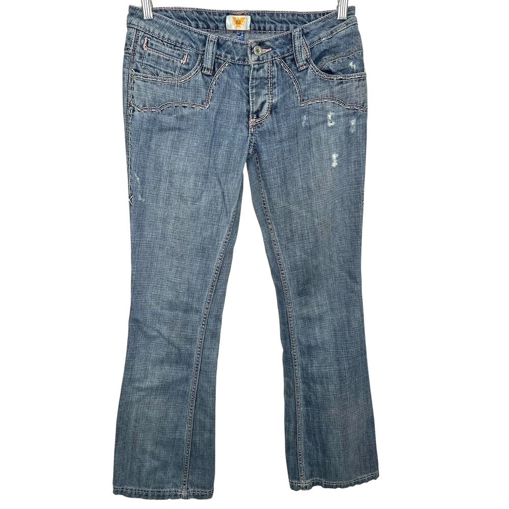 Antik Denim Light Blue Pink Contrast Stitching Bootcut Jeans Embroidered Pockets